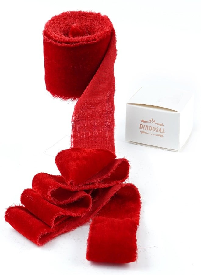 DINDOSAL Red Velvet Ribbon for Christmas Decorations 1.5 Inch Raw Edge Rustic Frayed Silk Velvet Ribbon for Gift Wrapping Boho Wedding Vow Books -3yards - Image 1